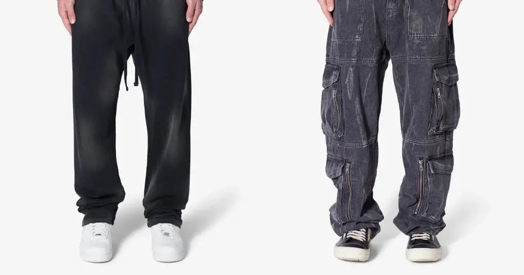 Two pairs of casual loose and baggy jeans displayed in an article about denim styles