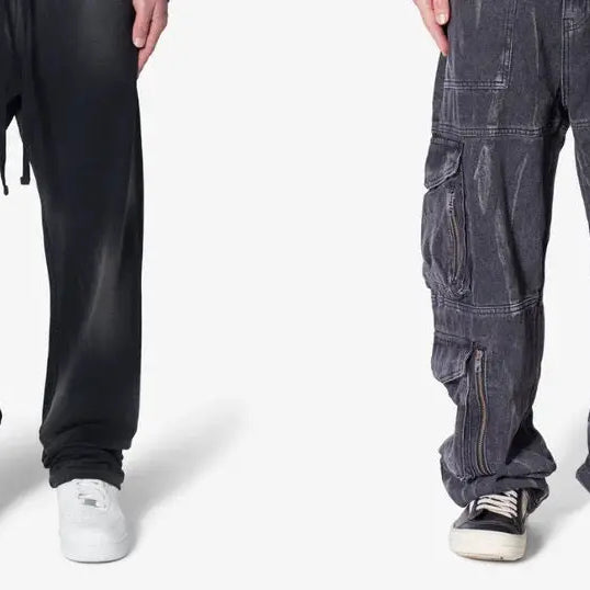 Two pairs of casual loose and baggy jeans displayed in an article about denim styles