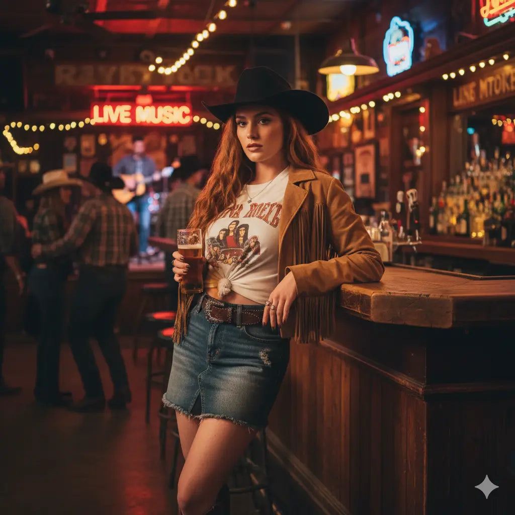 Cowboy hat with black band and fringe, leather material.