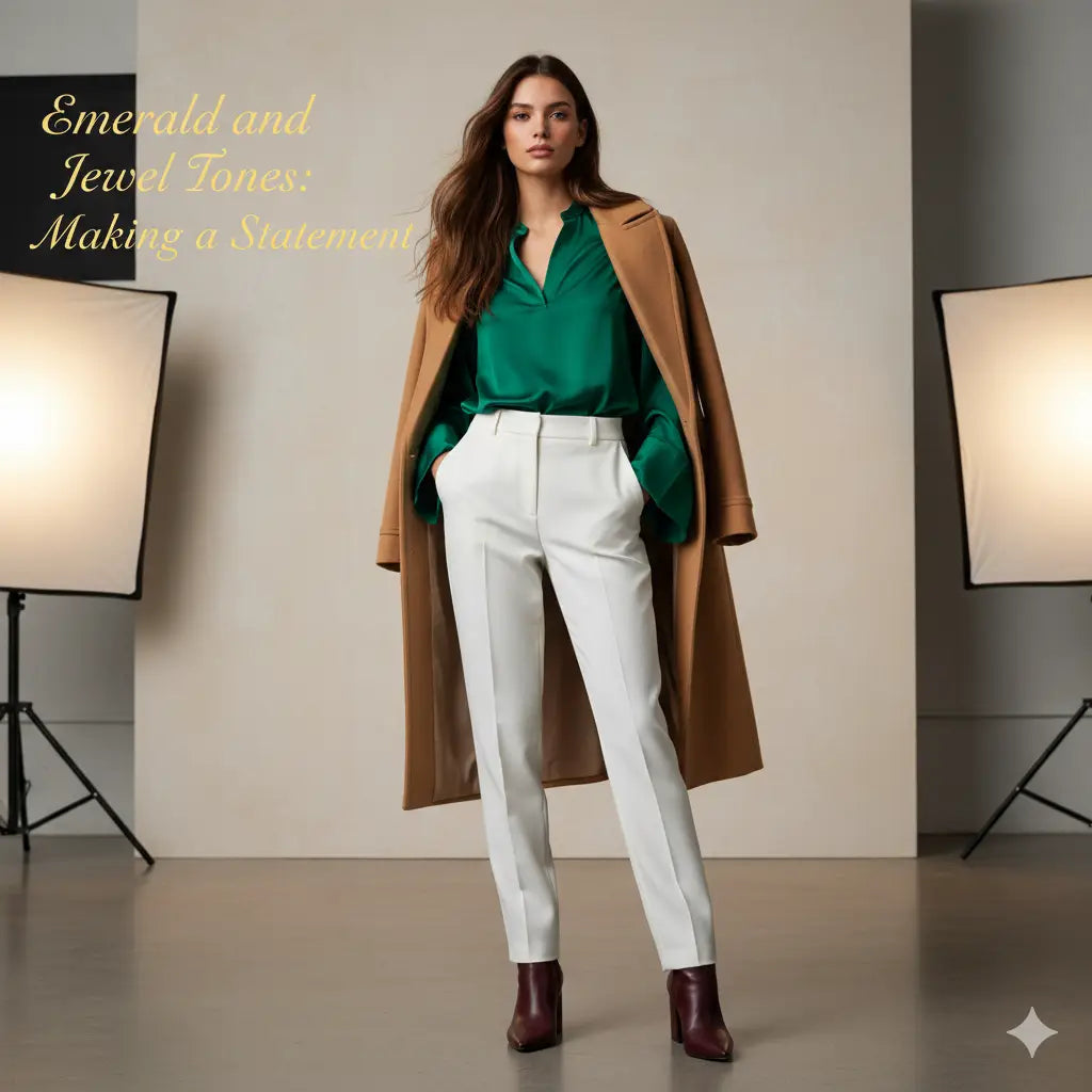 Camel coat with green shirt and white pants, casual yet stylish design.