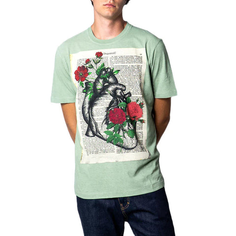 Man in green Dsquared shirt featuring tattoo design and sophisticated style