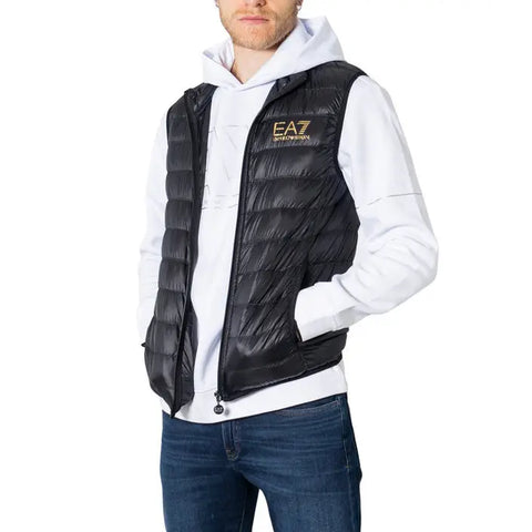 Man in black gilet and white hoodie from Men’s Gilets collection