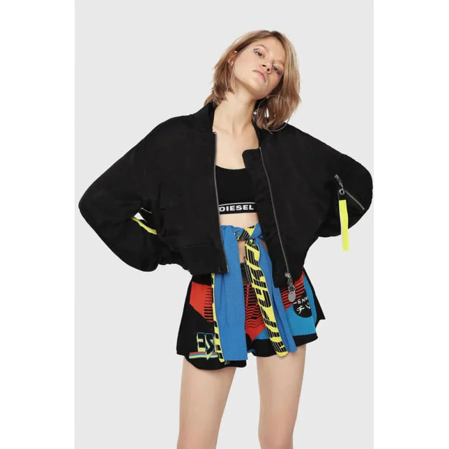 Elegant model in women’s formal black printed jacket