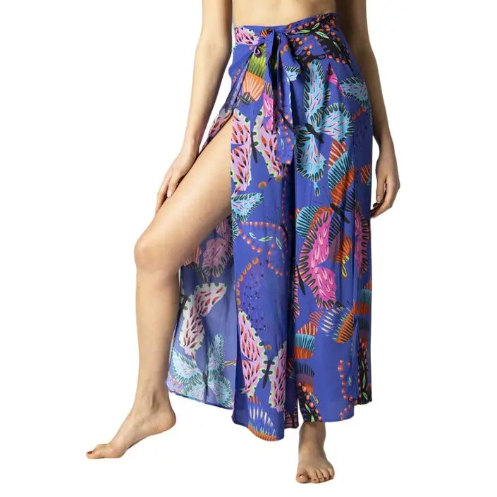 Woman in blue floral robe from women’s skirts collection