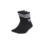 Three pairs of black Adidas crew socks with white stripes and trefoil logo for fall winter