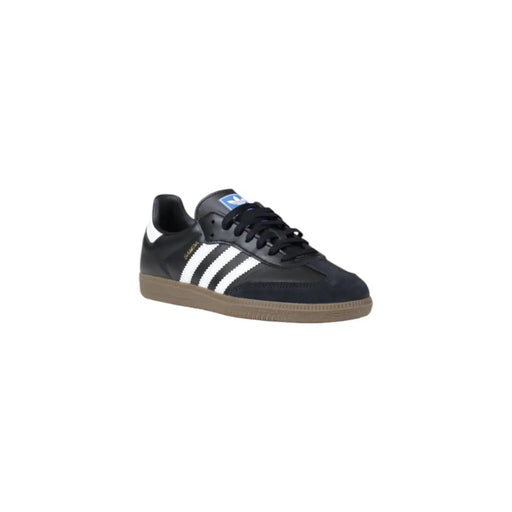 Adidas men sneakers black leather with white stripes tan rubber sole and black laces for spring summer shoes