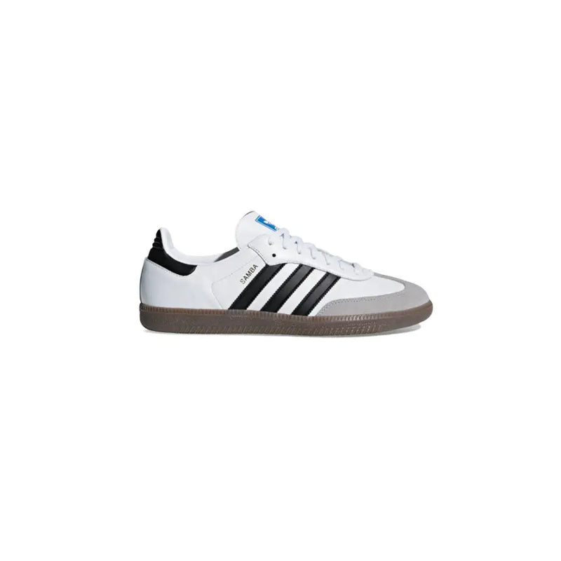 Adidas Herren-Sneaker, weißes Leder, Samba-Design mit drei schwarzen Streifen, grauer Zehenkappe und Gummisohle, B75806