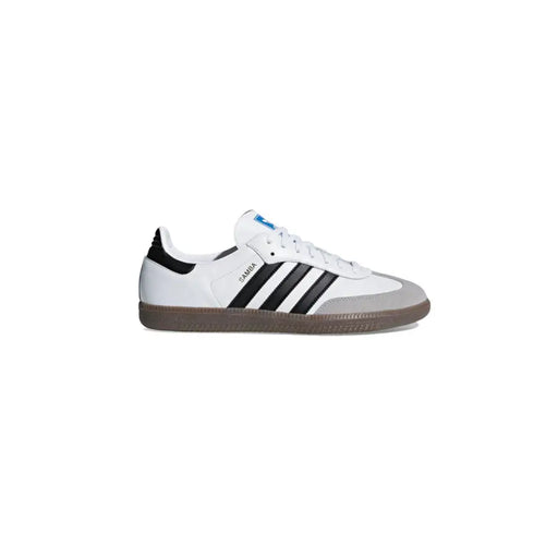 Adidas Herren-Sneaker, weißes Leder, Samba-Design mit drei schwarzen Streifen, grauer Zehenkappe und Gummisohle, B75806