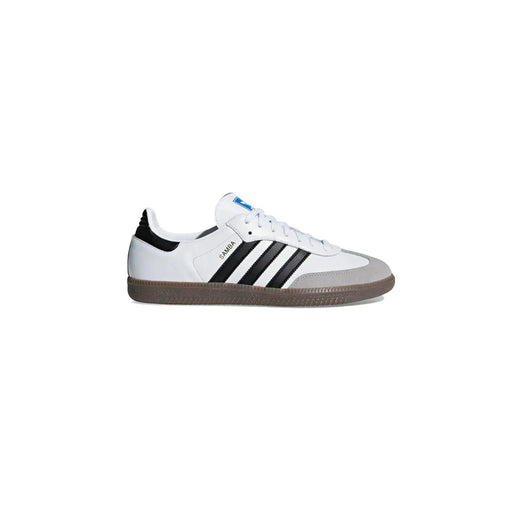 Adidas men sneakers white leather samba with black three stripes gray toe cap and gum rubber sole B75806