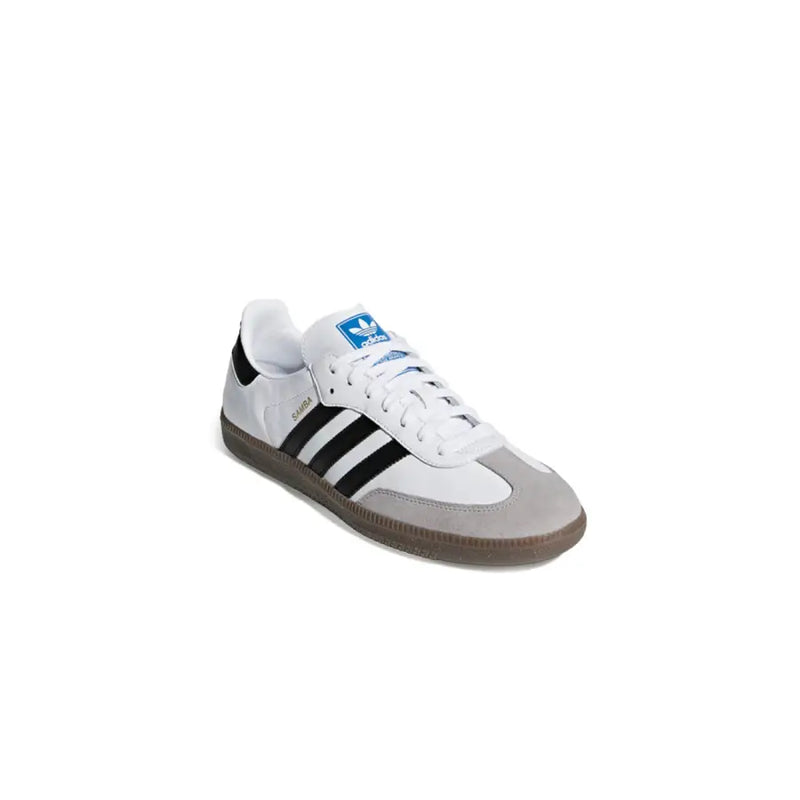 Adidas Herren-Sneaker, weißes Leder, sportliches Modell B75806 mit weiß-grauem Obermaterial, schwarzen Streifen, blauem Logo und brauner Sohle