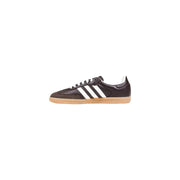 Brown leather adidas samba sneaker with white stripes and gum sole.