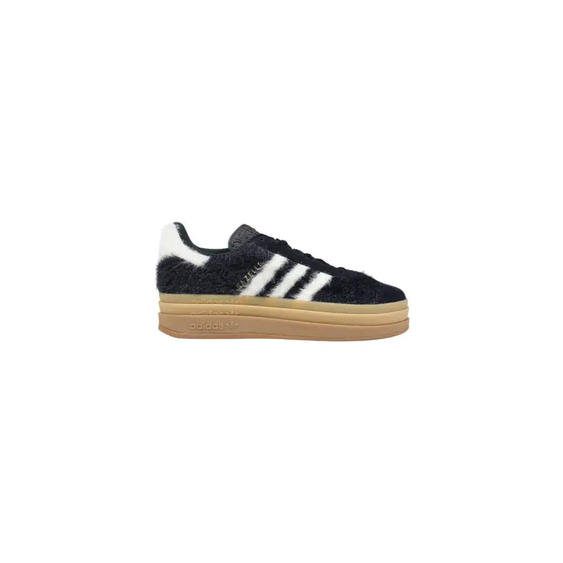 Adidas Originals Damen-Campus-Sneaker aus schwarzem, flauschigem Leder mit weißen Streifen und hellbrauner Gummisohle für Herbst und Winter