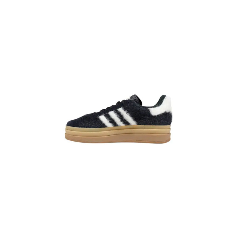Black Adidas Originals womens leather sneakers with white stripes, fluffy texture, tan platform sole