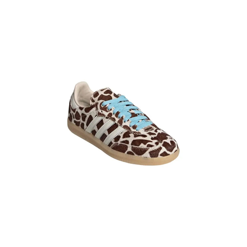Adidas Originals women brown leopard leather sneakers with cream giraffe print and light blue laces