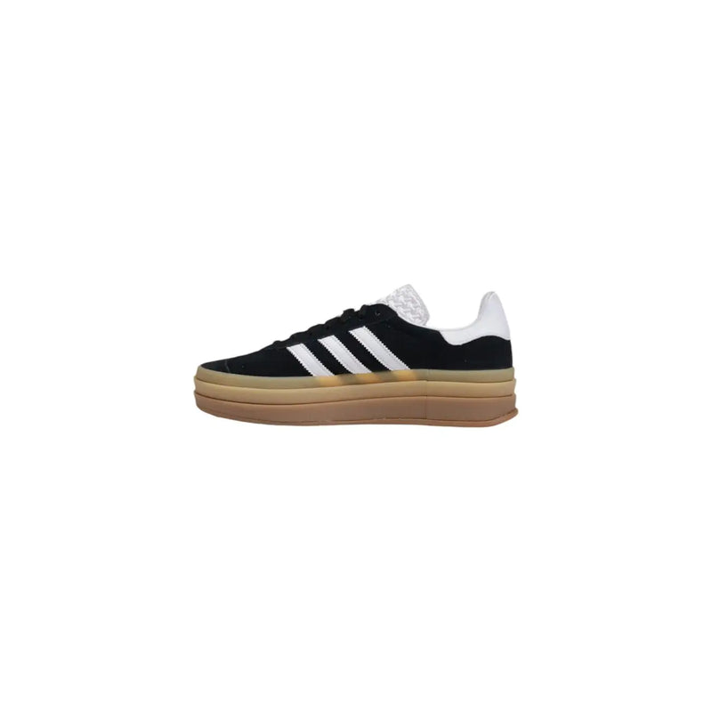 Adidas women black suede slip on sneakers with white three stripes and tan gum rubber sole for casual wear