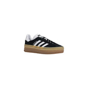 Adidas women black suede Gazelle skate shoe with white stripes laces and tan gum rubber sole