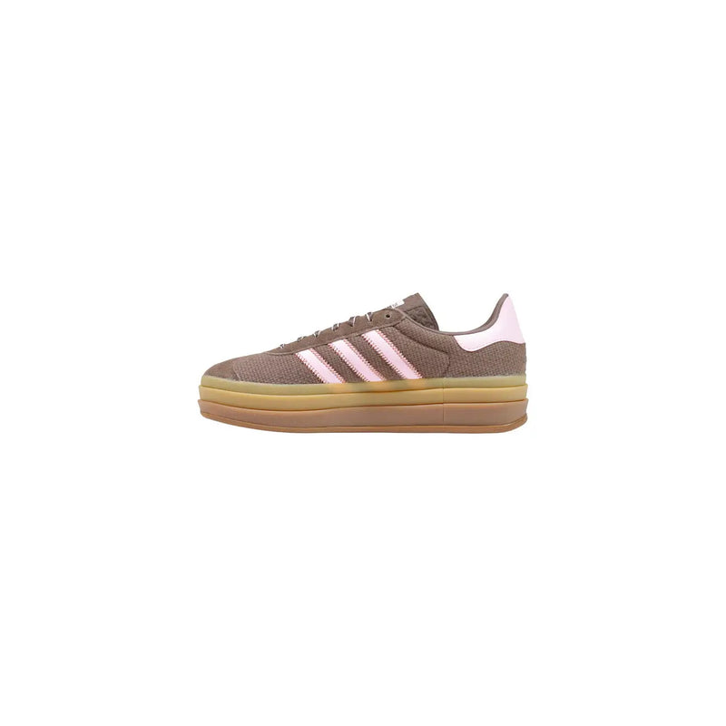 Adidas women leather gazelle bold sneaker in brown suede with pink stripes and gum-colored rubber sole
