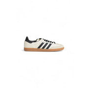 Cream-colored adidas samba leather sneakers for women with black three stripes laces heel tab and gum rubber sole