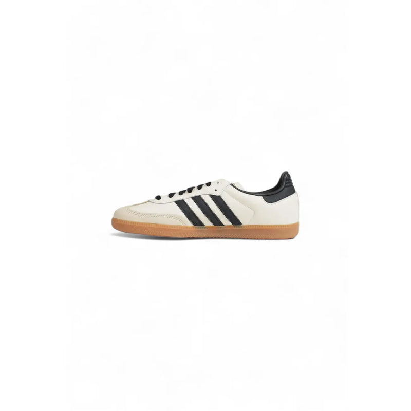 Cream-colored adidas samba leather sneaker with black three stripes and gum rubber sole for women lace up shoes