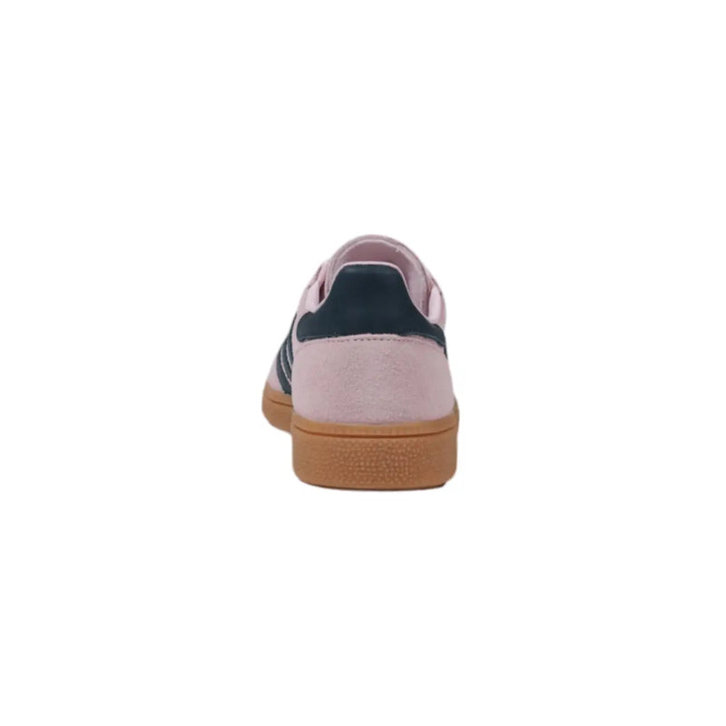 Adidas women pink leather slip on sporty sneaker in suede with navy blue accents and gum rubber sole