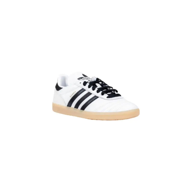 Adidas women white faux leather slip on sporty sneakers with black three stripes lace and gum rubber sole