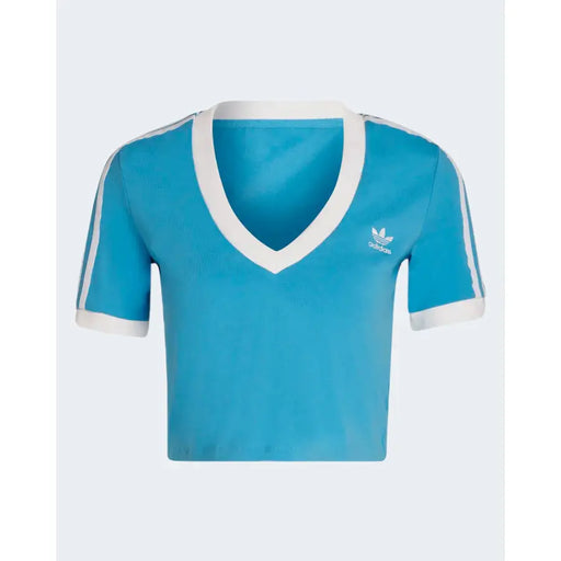 A vibrant blue adidas women’s light blue v-neck crop top with short sleeves and white trim accents
