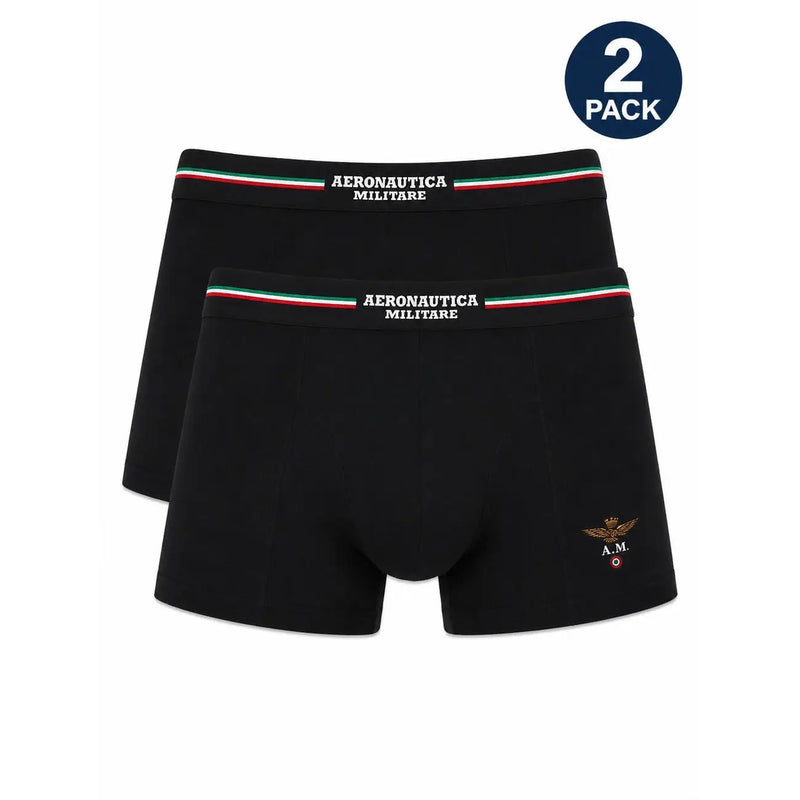 Schwarze Herren-Boxershorts von Aeronautica Militare aus Baumwolle mit dreifarbigem Bund und gesticktem Logo.