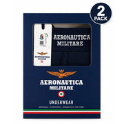 Marineblaue Aeronautica Militare Herren-Boxershorts aus Baumwolle mit weißer Stickerei und orangefarbenem Adlerlogo im Karton