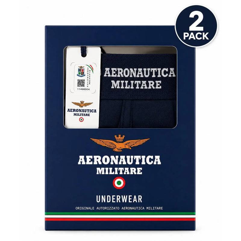 Marineblaue Aeronautica Militare Herren-Boxershorts aus Baumwolle mit weißer Stickerei und orangefarbenem Adlerlogo im Karton