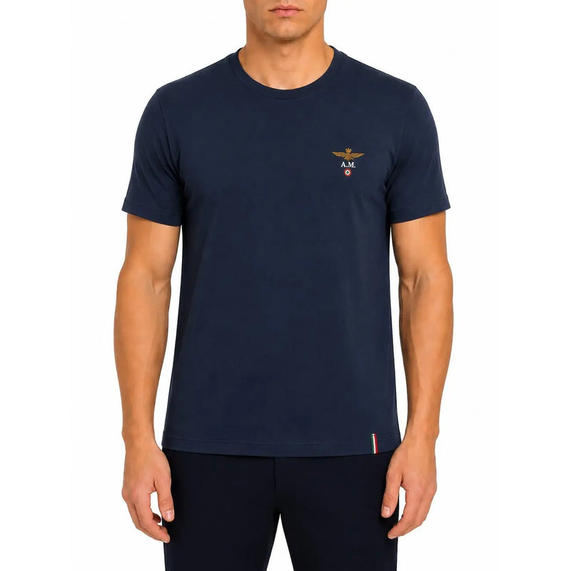 Marineblaues Aeronautica Militare Herren-Baumwoll-Kurzarmshirt t-shirt mit goldgesticktem Logo und dreifarbigem Saumstreifen