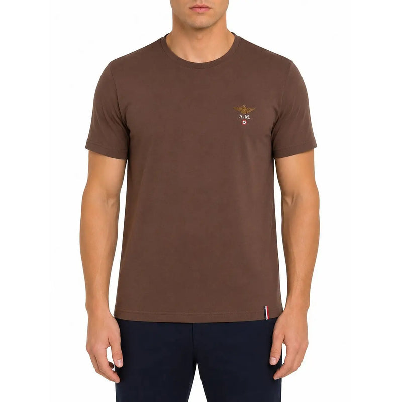 Aeronautica Militare Herren-Baumwollunterwäsche, braun, kurzärmelig t-shirt mit gesticktem Logo und gestreiftem Etikett