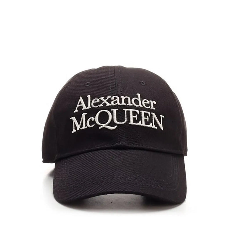 Schwarze Alexander McQueen Herrenkappe aus Baumwolle mit weißem, gesticktem Logo auf der Vorderseite im Baseball-Stil