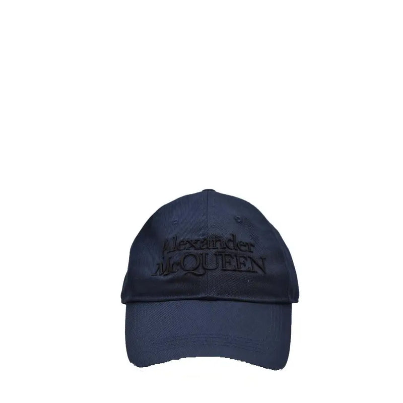 Alexander Mcqueen navy blue baseball cap featuring a dark navy blue color and black embroidered logo