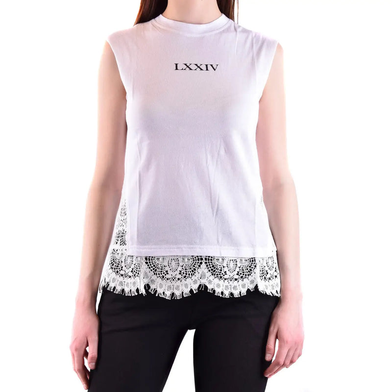 Alexander McQueen Damen-Tanktop top Ärmelloses, weißes Baumwollkleid mit schwarzem Schriftzug „LXXIV“ und weißer Spitzenborte am Saum