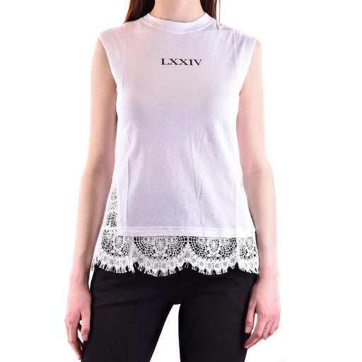 Alexander McQueen Damen-Tanktop top Ärmelloses, weißes Baumwollkleid mit schwarzem Schriftzug „LXXIV“ und weißer Spitzenborte am Saum