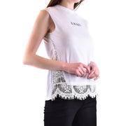 Weißes ärmelloses Baumwoll-Tanktop von Alexander McQueen top mit zarter Spitzenborte und LXXIV-Stickerei auf der Brust