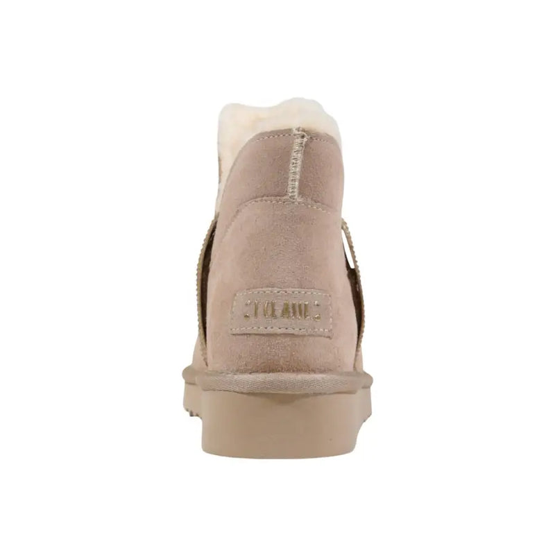 Alviero Martini Prima Classe beige leather ankle boots for women with beige suede, white shearling lining, and stitched label
