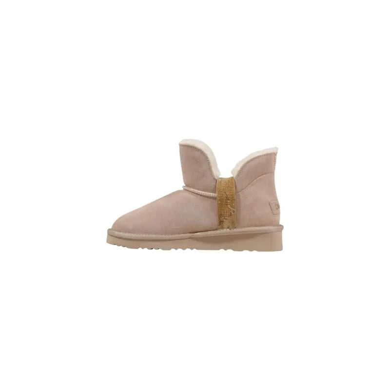 Alviero Martini Prima Classe beigefarbene Wildleder-UGG-Ankle-Boots mit goldglitzerndem Riemen