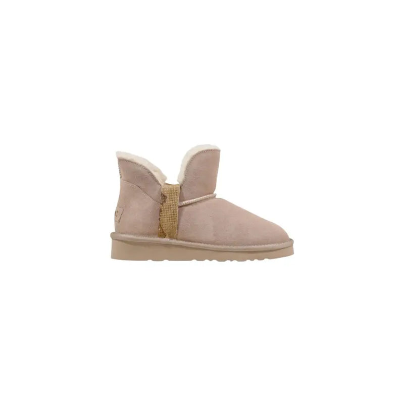Alviero Martini Prima Classe beige leather ankle boots with beige suede ugg style and tan woven strap with white shearling lining
