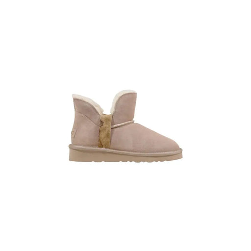 Alviero Martini Prima Classe beige leather ankle boots with beige suede ugg style and tan woven strap with white shearling lining