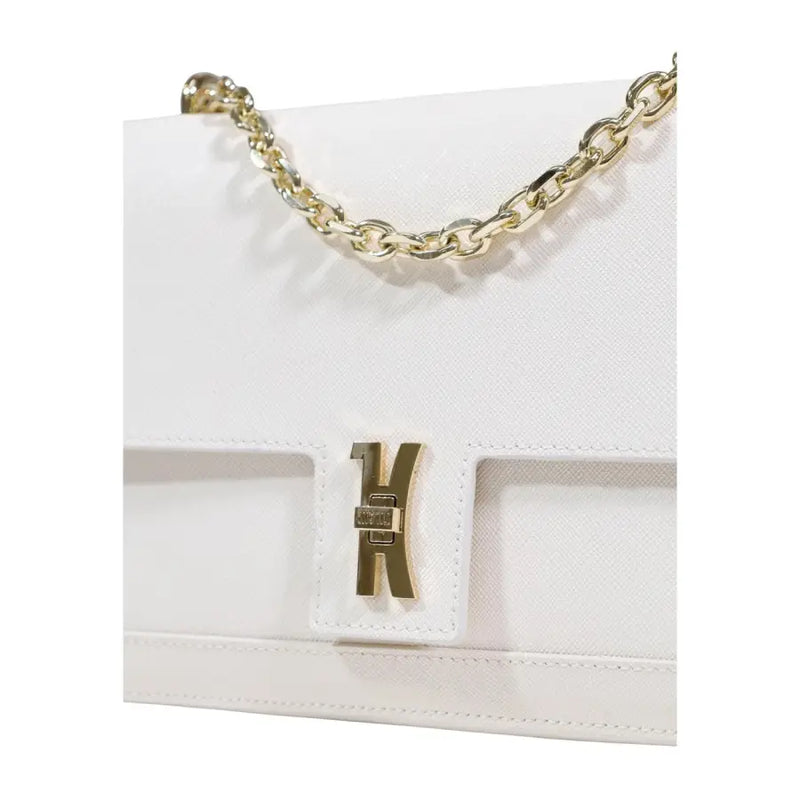 Weiße Alviero Martini Lederhandtasche mit goldenem Kettenriemen und K-Logo-Verschluss