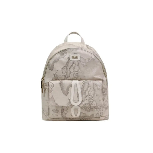 Alviero Martini Prima Classe beige print rucksack with gray marble pattern and white leather-like accents and pockets