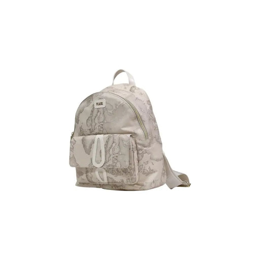 Beige alviero martini prima classe rucksack with subtle marble-like pattern and white zipper pulls with pockets