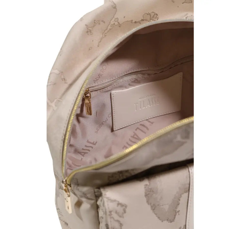 Alviero Martini Prima Classe beige print rucksack with subtle world map print gold-toned zippers and branded leather patch inside
