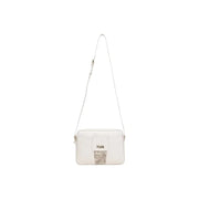 White leather crossbody Alviero Martini Prima Classe bag with beige map print and Pilasm logo on front flap