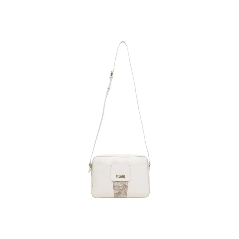 White leather crossbody Alviero Martini Prima Classe bag with beige map print and Pilasm logo on front flap