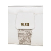 Alviero Martini prima classe beige print shoulder bag with white textured leather and gold-tone tclasse logo plaque