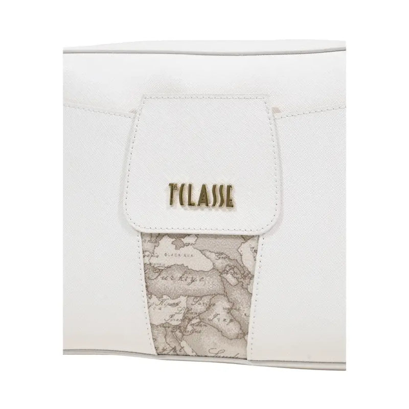 Alviero Martini prima classe beige print shoulder bag with white textured leather and gold-tone tclasse logo plaque