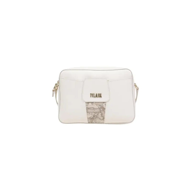 Alviero Martini Prima Classe white leather crossbody bag with beige map print panel and gold tone tilase logo