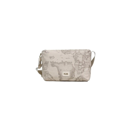 Alviero Martini Prima Classe beige crossbody bag with a subtle world map print and small rectangular brand label